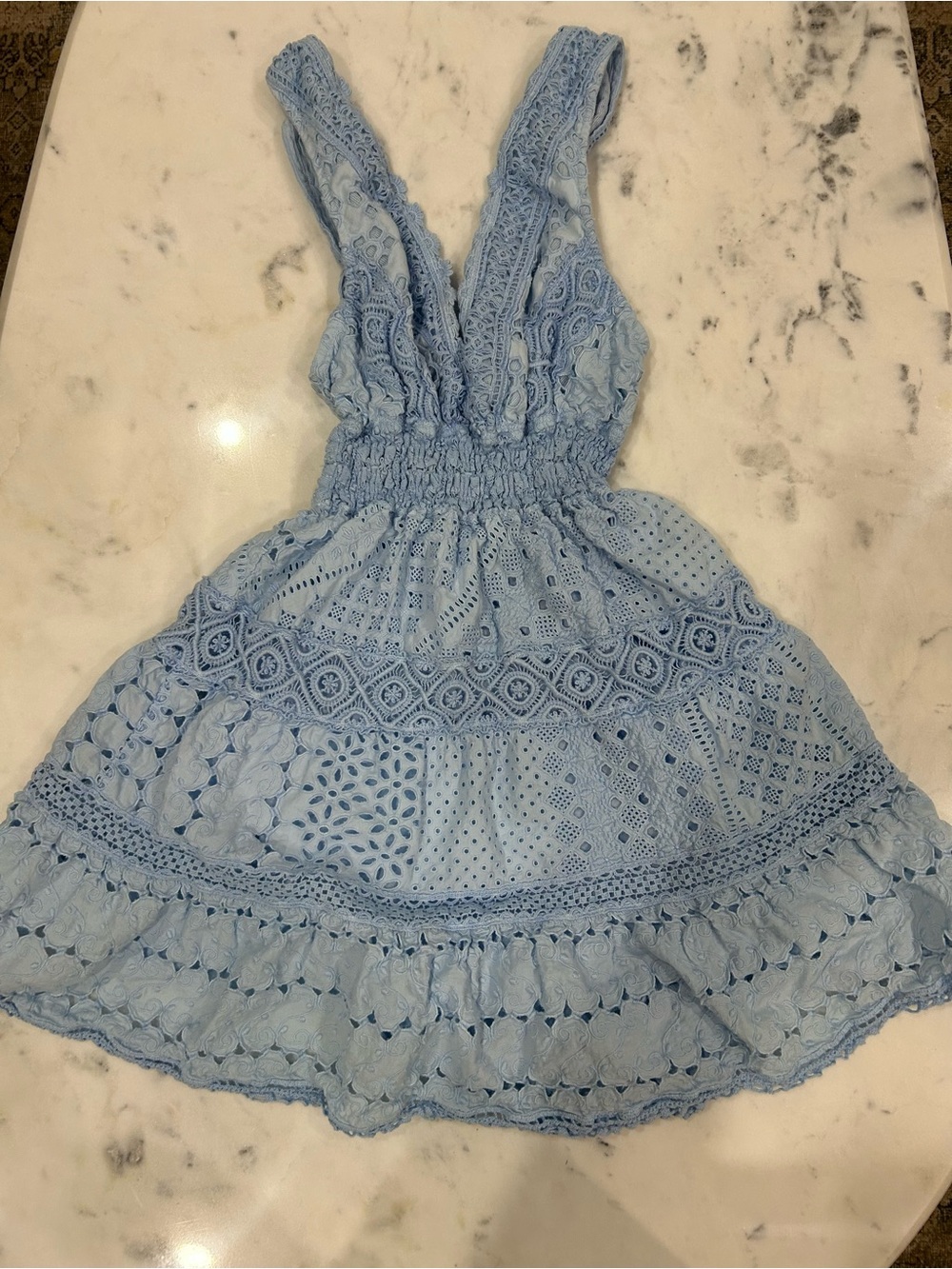 Light Blue Lace Mini Dress with Smocked Waist